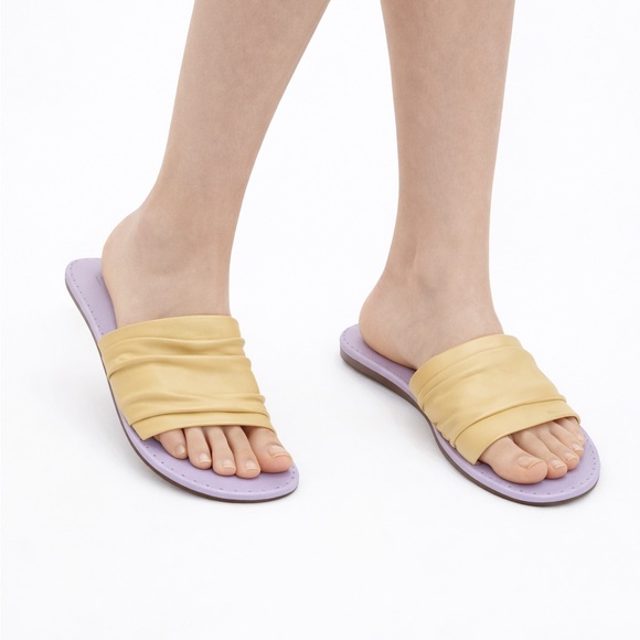 PAIGE Shoes - PAIGE Emilia Leather Slide Sandals Mustard Yellow Ruched Band Womens 8.5 US